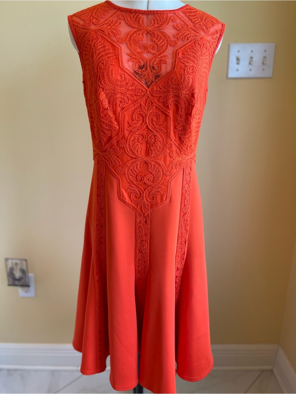 Tadashi Shoji Vibrant Orange Mesh Embroidered A-line Dress Sz 6 Illusion Neck
